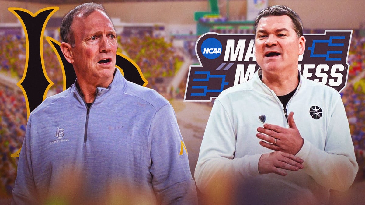 Long Beach State basketball coach Dan Monson stands next to Arizona's Tommy Lloyd and March Madness logo