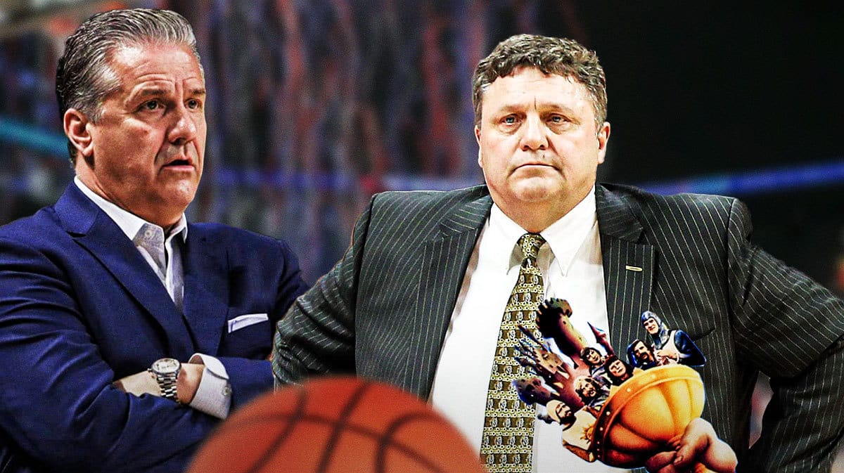 Kentucky coach John Calipari looking at Oakland coach Greg Kampe.