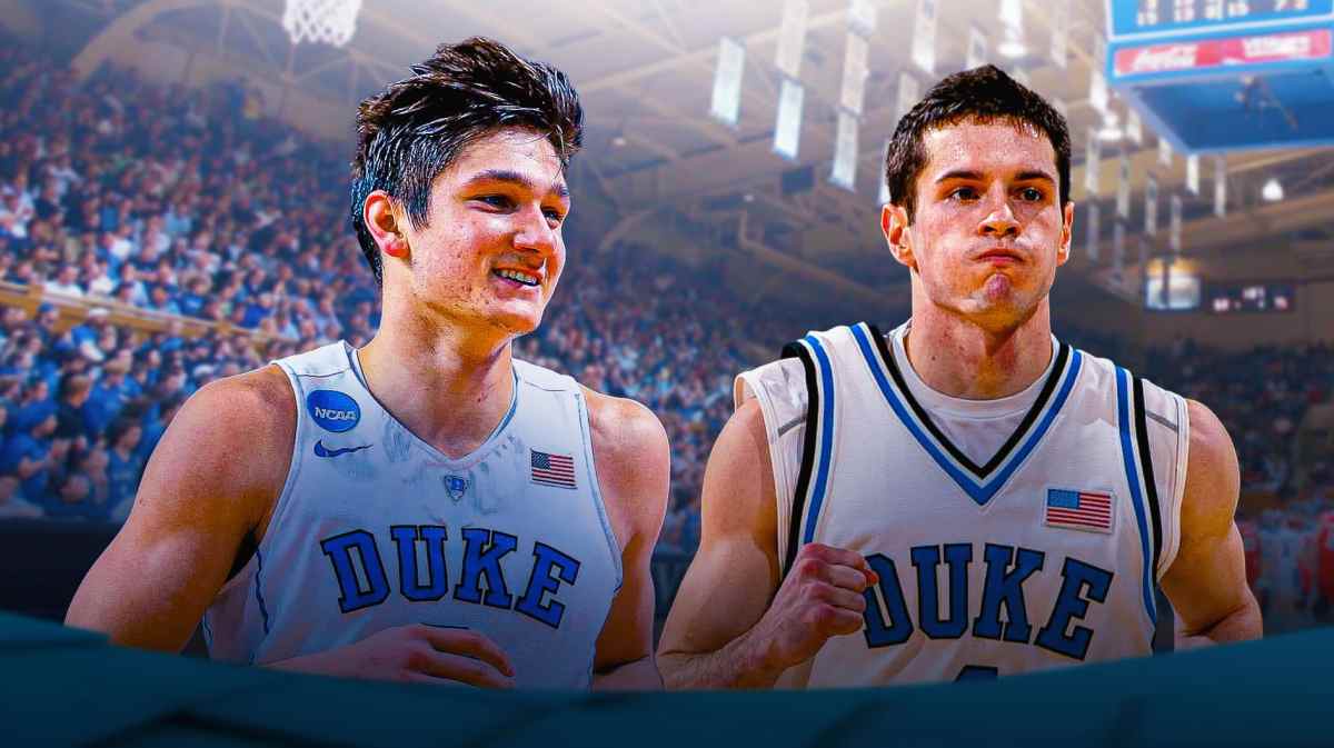 March Madness, North Carolina basketball, Duke basketball, Tyler Hansbrough, Grayson Allen, Grayson Allen and JJ Redick in Duke unis with Duke basketball arena in the background