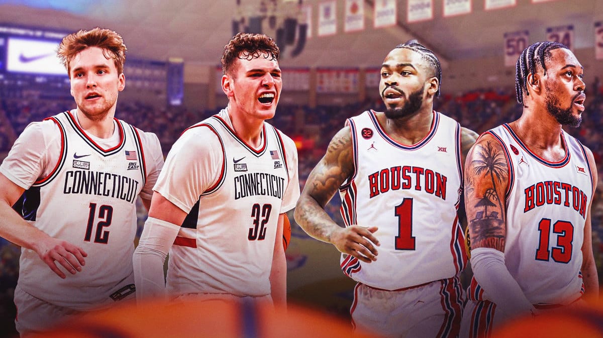 Cam Spencer UConn, Donovan Clingan UConn, Jamal Shead Houston, J’Wan Roberts Houston