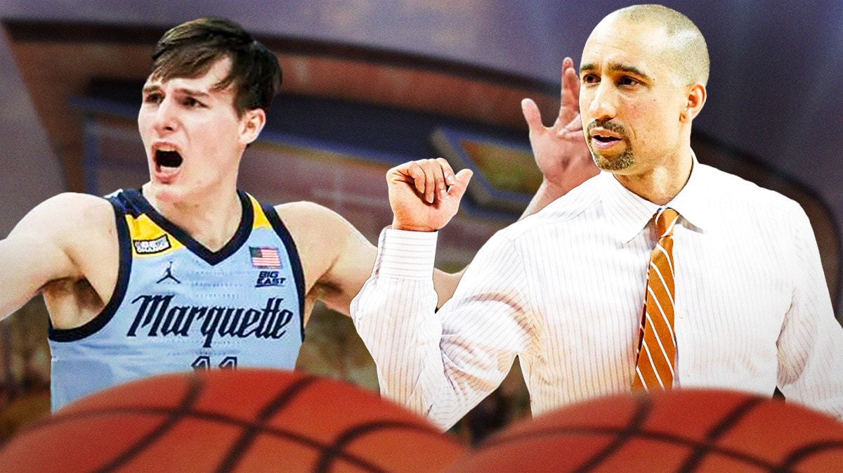 Marquette basketball coach Shaka Smart looking at Tyler Kolek.