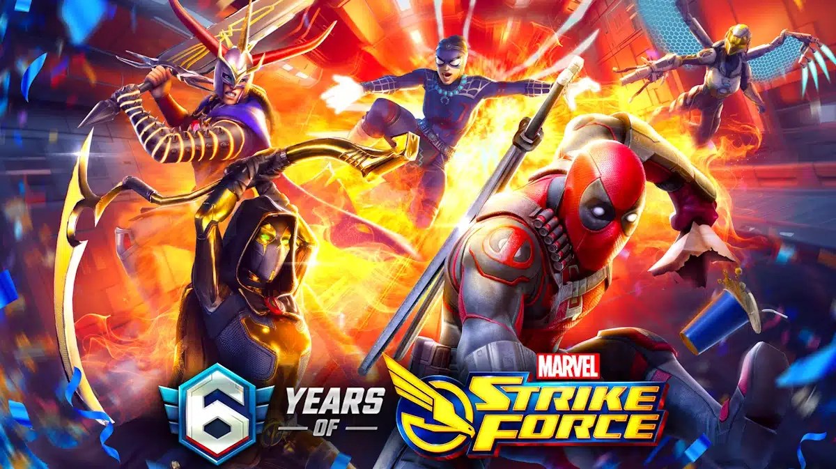marvel strike force 6th anniversary, marvel strike force anniversary, marvel strike force deadpool, marvel strike force new story, marvel strike force, keyart for the marvel strike force anniversary that features deadpool and the four new characters coming to the game