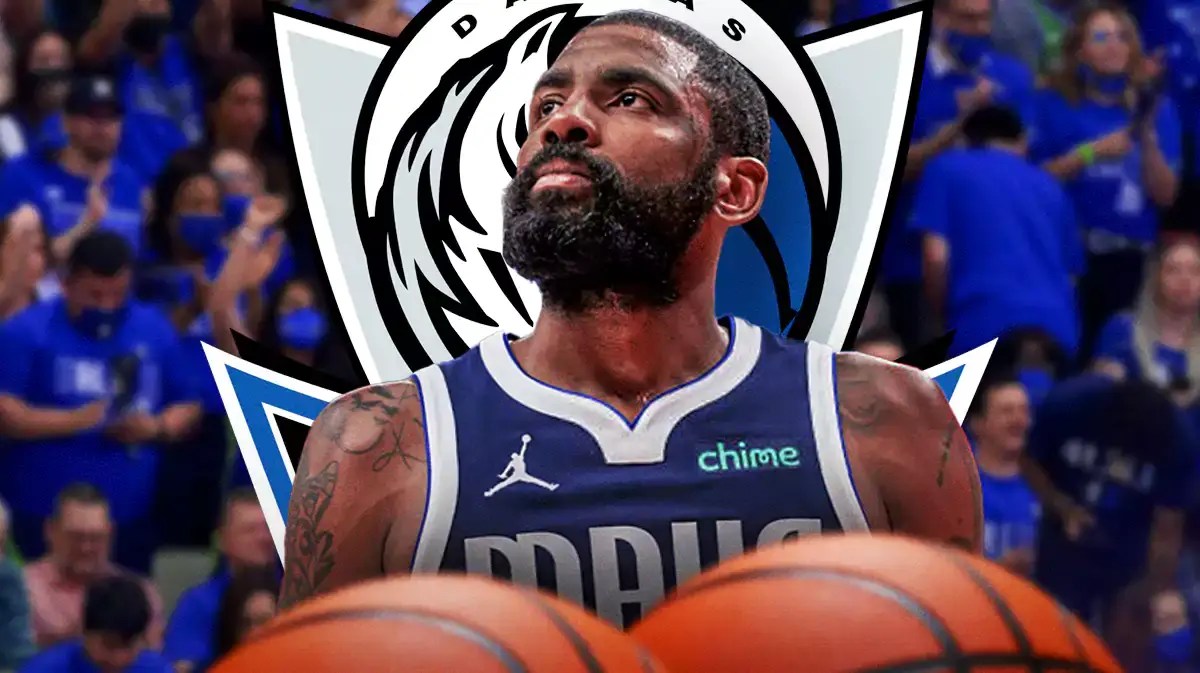 Mavericks Kyrie Irving looking serious in front.