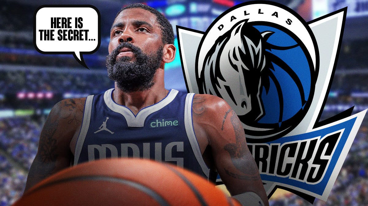 On left, Mavericks' Kyrie Irving saying the following: Here is the secret… On right, Dallas Mavericks' logo.