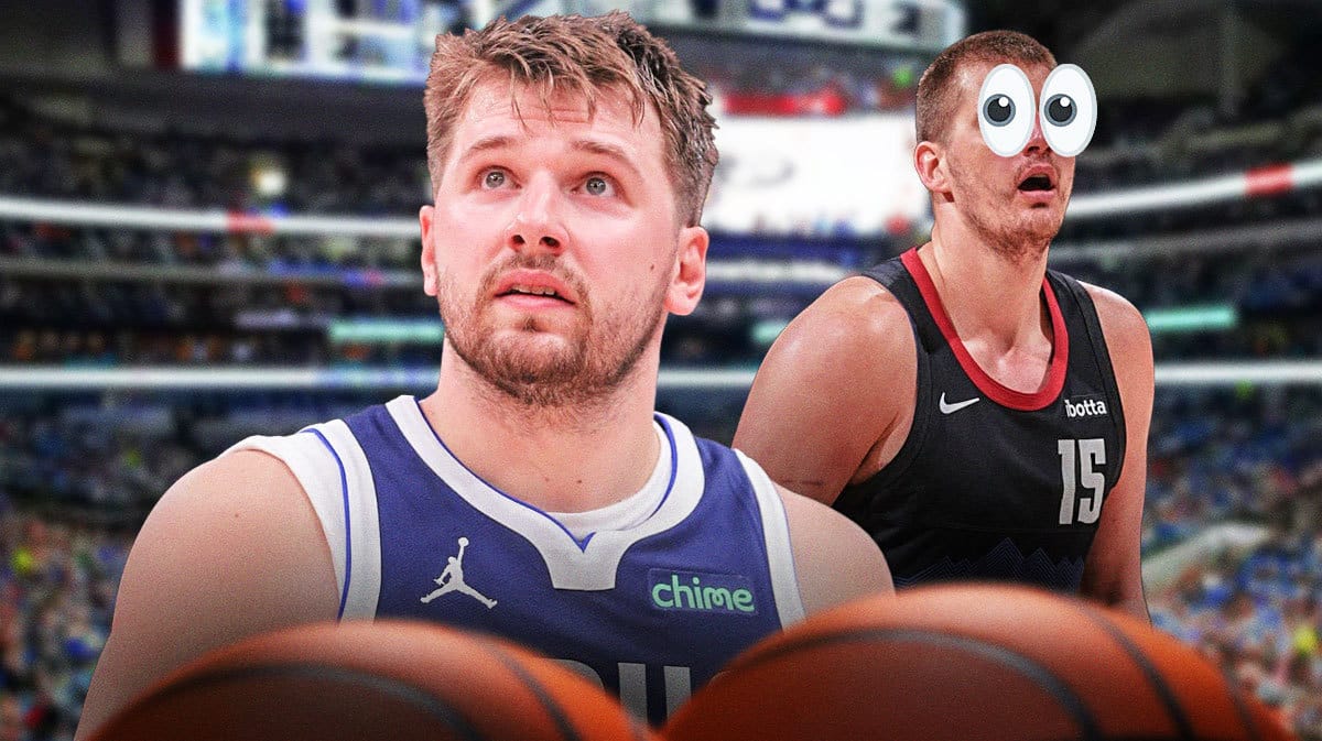 Mavericks' Luka Doncic looking serious. Nuggets' Nikola Jokic eyes popping out looking at Doncic.