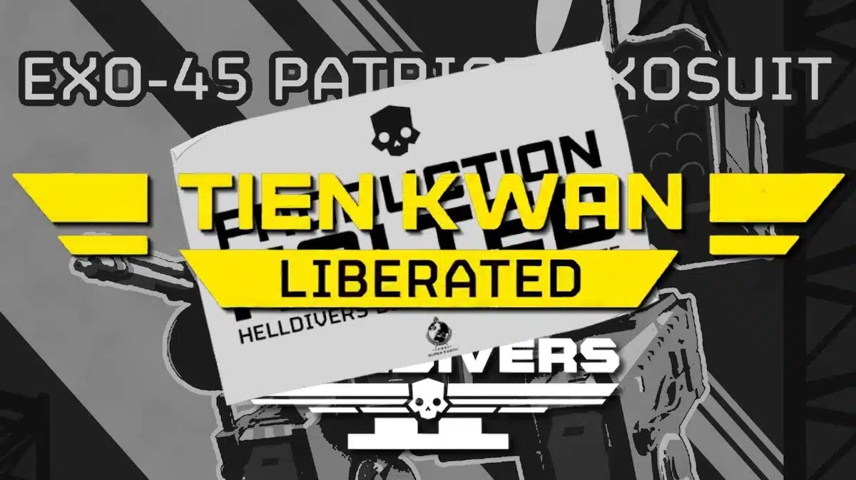helldivers 2 liberate, helldivers 2, helldivers 2 mech, helldivers 2 record, key art for the exo-45 patriot exosuit in gray scale with yellow text in front that says tien kwan liberated