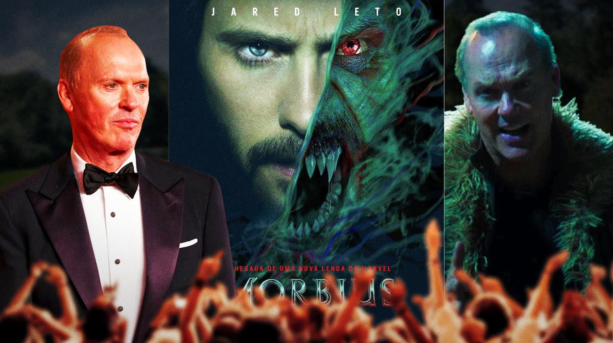 Michael Keaton next to Morbius poster and Vulture from Spider-Man: Homecoming.