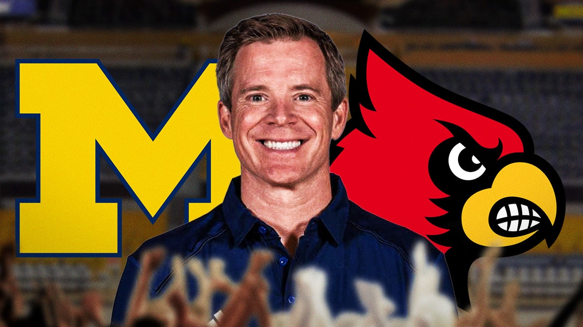 Michigan basketball, Louisville basketball, Dusty May, Cardinals, Wolverines, Dusty May with Michigan and Louisville logos, Michigan basketball arena in the background