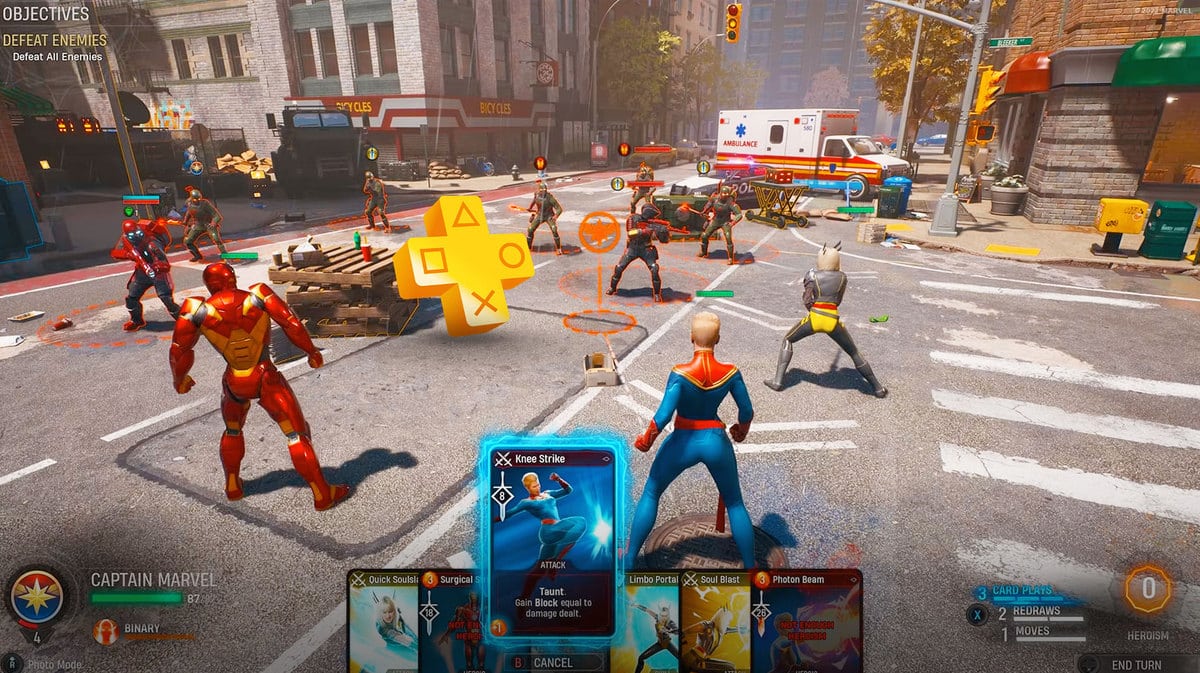 MARVEL Midnight Suns characters looking at the PS Plus Logo