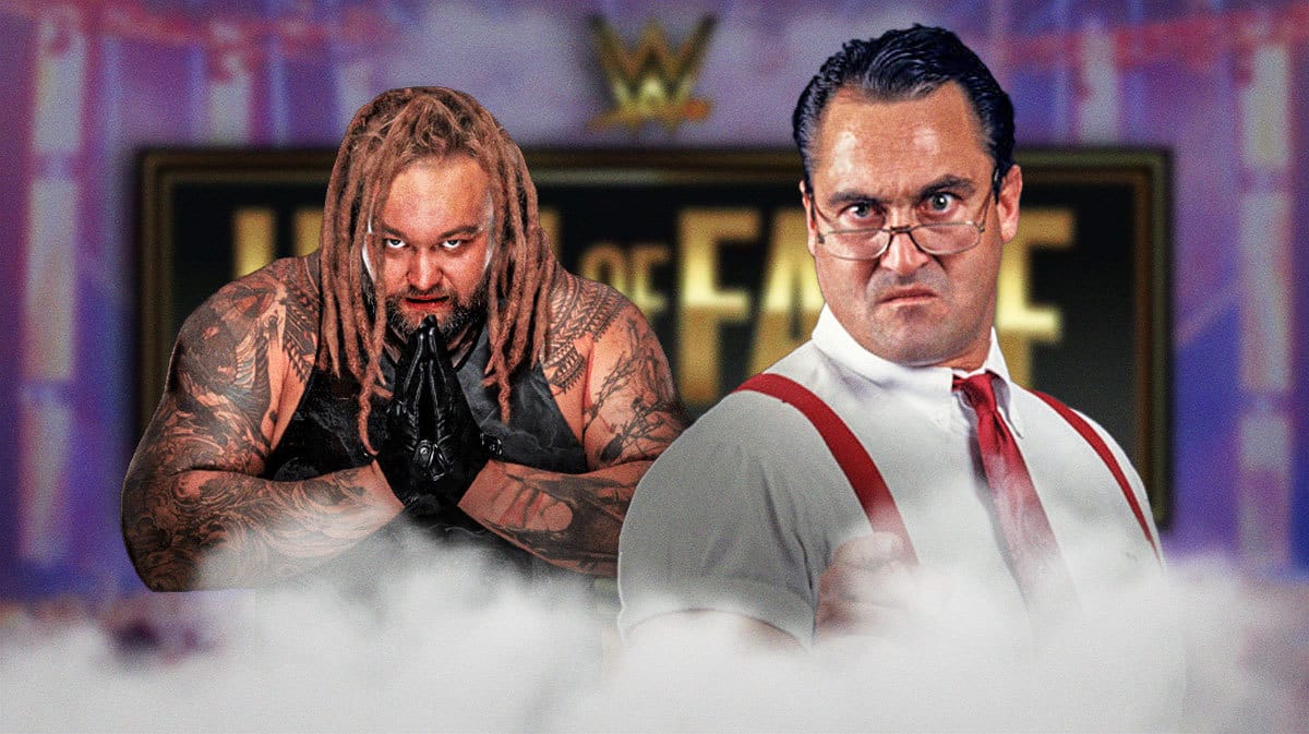 Mike Rotunda next to Bray Wyatt with the WWE Hall of Fame logo as the background.