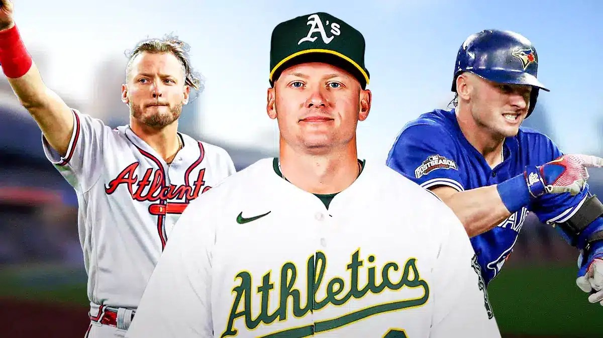 Josh Donaldson wearing MLB uniforms with the Braves Blue Jays Athletics