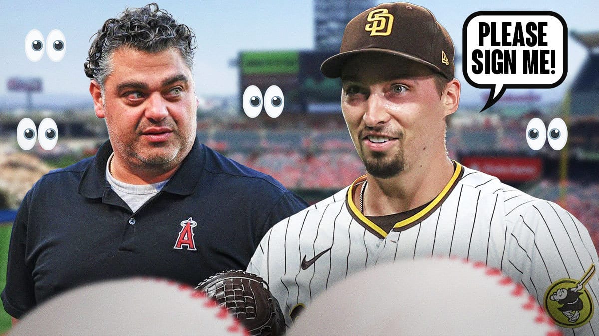 Blake Snell on one side with a speech bubble that says “Please sign me!” Perry Minasian on the other side with the big eyes emoji around him