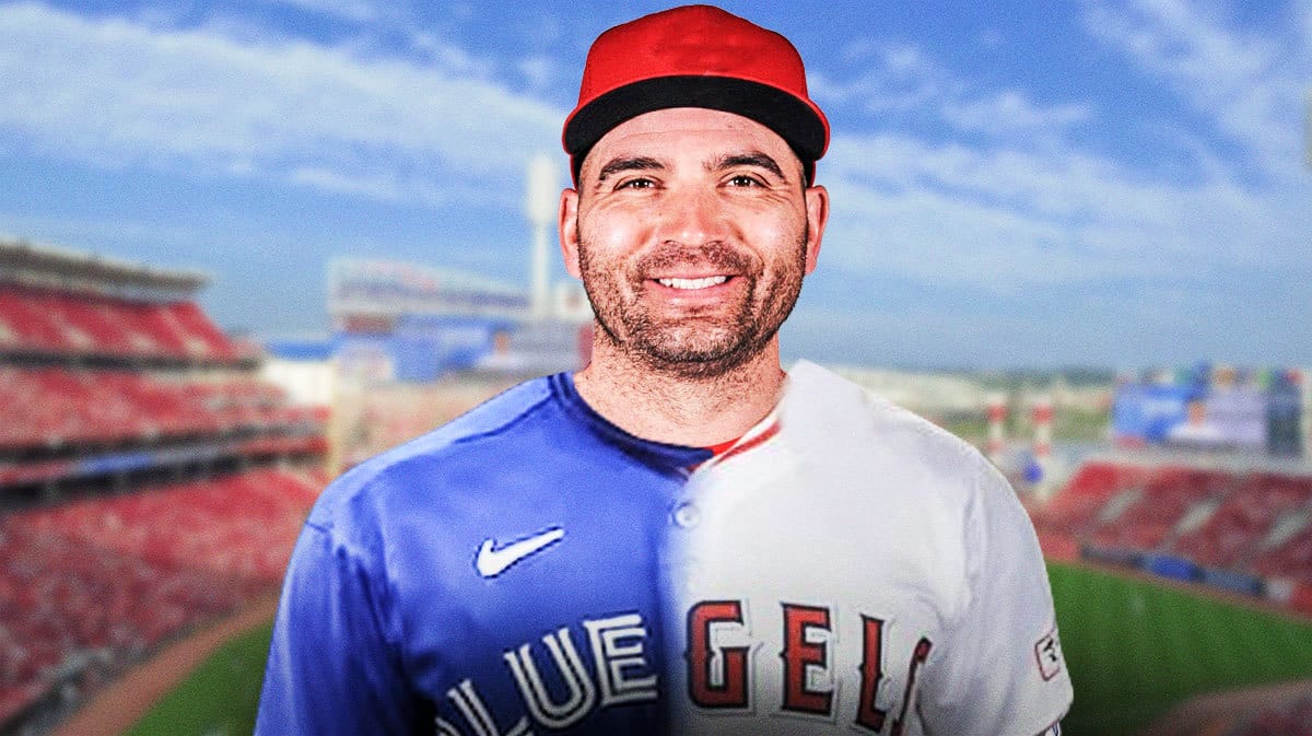 Joey Votto wearing a half Blue Jays, half Angels jersey