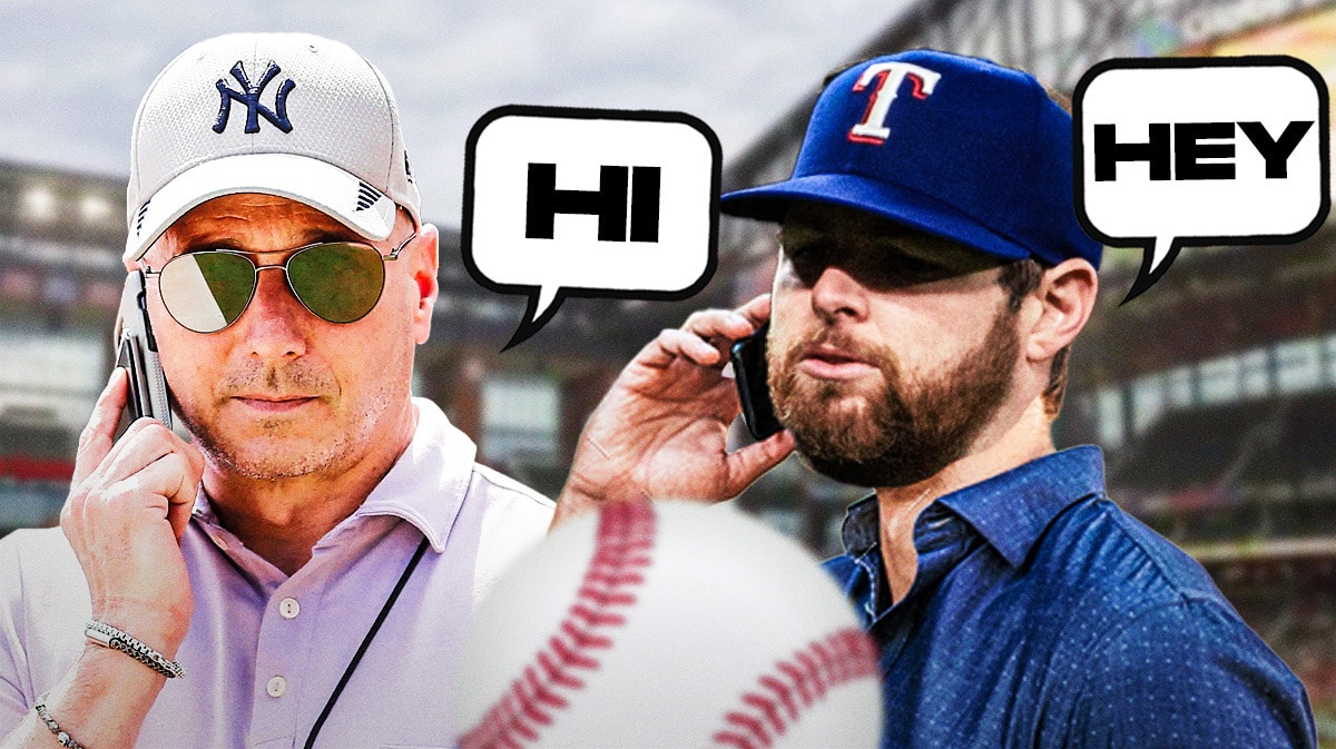 Yankees' Brian Cashman on left talking on a cell phone. Have him saying the following: Hi Jordan Montgomery wearing normal clothes on right talking on a cell phone. Have him saying the following: Hey