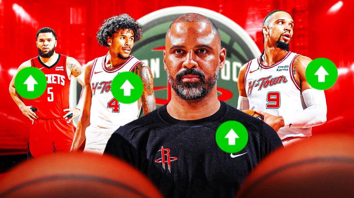 Rockets' Ime Udoka, Jalen Green, Fred VanVleet, and Dillon Brooks with green up arrows