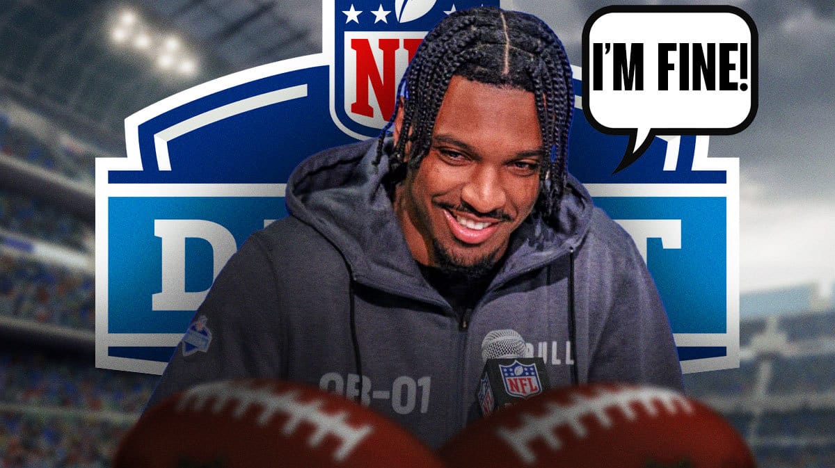 Jayden Daniels with the NFL Draft logo behind him