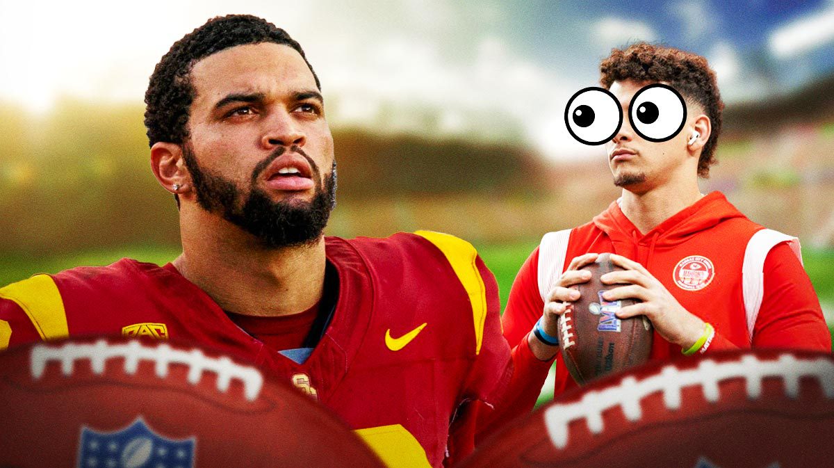 Caleb Williams on one side, Patrick Mahomes on the other side with the big eyes emoji over his face