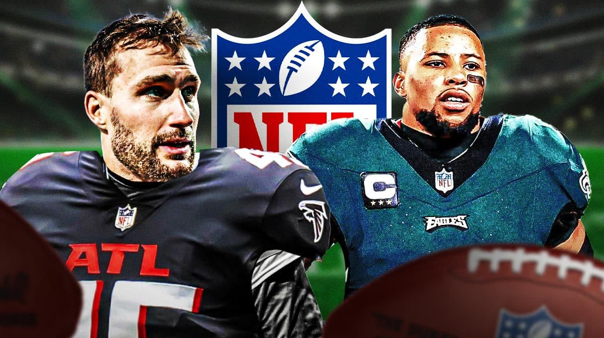 Saquon Barkley in an Eagles uniform, Kirk Cousins in a Falcons uniform. NFL logo.