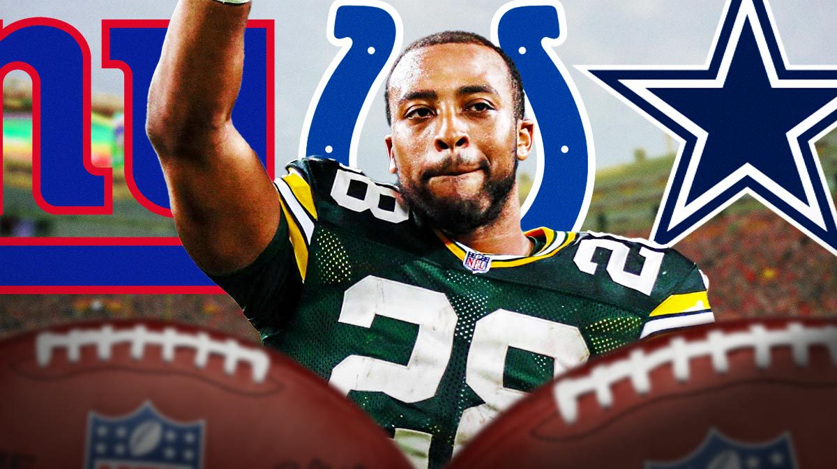 AJ Dillon surrounded by Giants, Colts and Cowboys logos