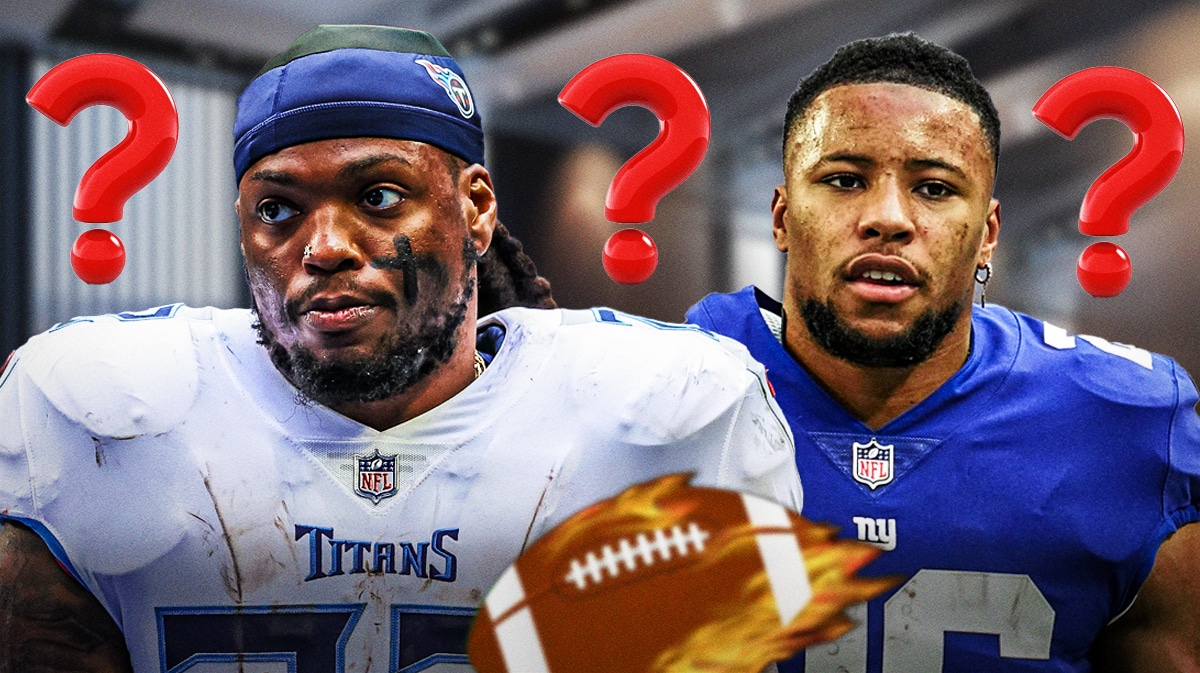 Derrick Henry and Saquon Barkley with question marks around them