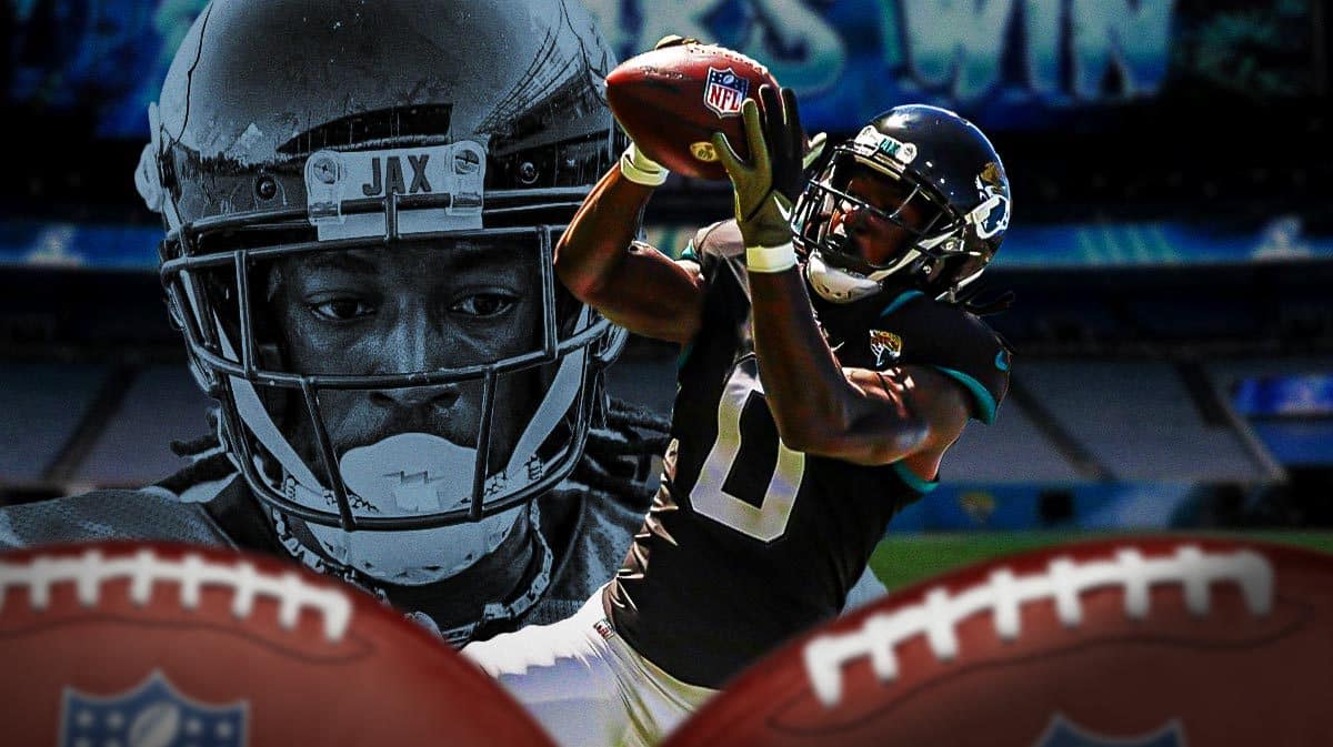 Jaguars' Calvin Ridley jumping in the air to catch a football, and have him catching the ball.