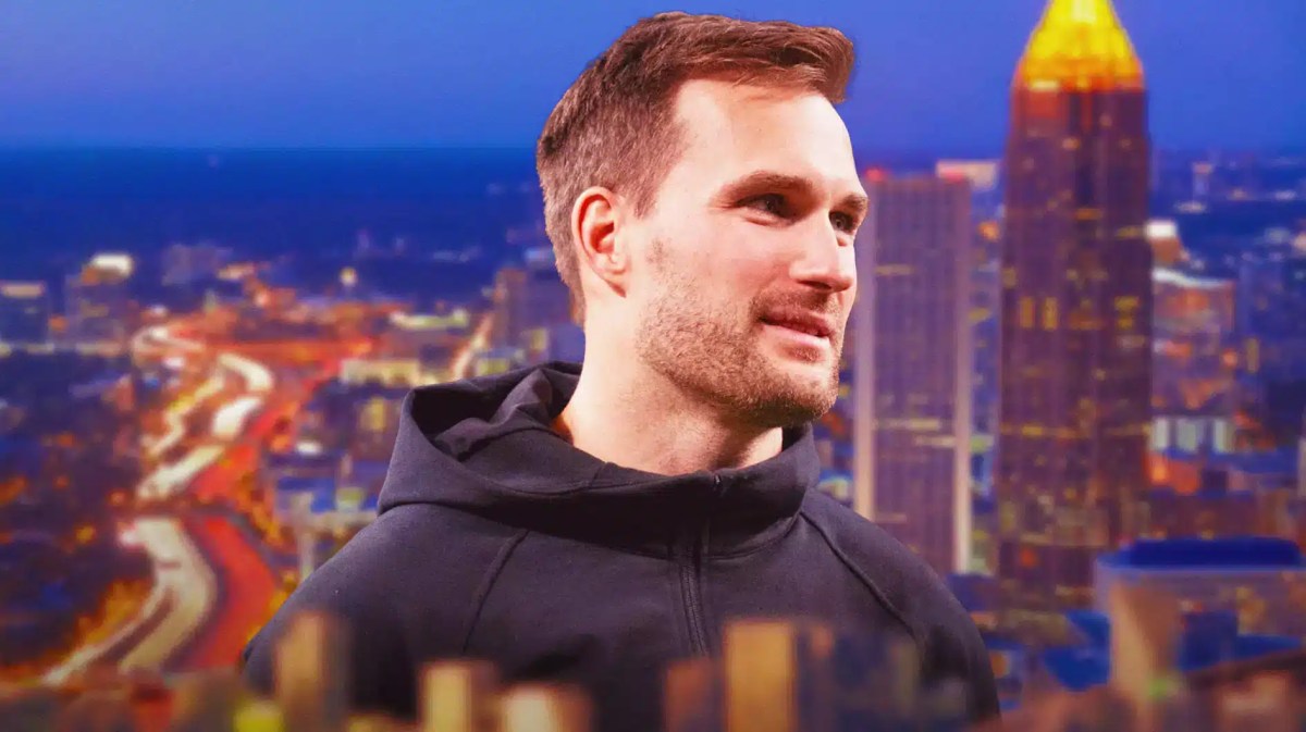 Falcons, Kirk Cousins, Vikings, Kirk Cousins Falcons, Kirk Cousins Atlanta, Kirk Cousins with Atlanta skyline in the background
