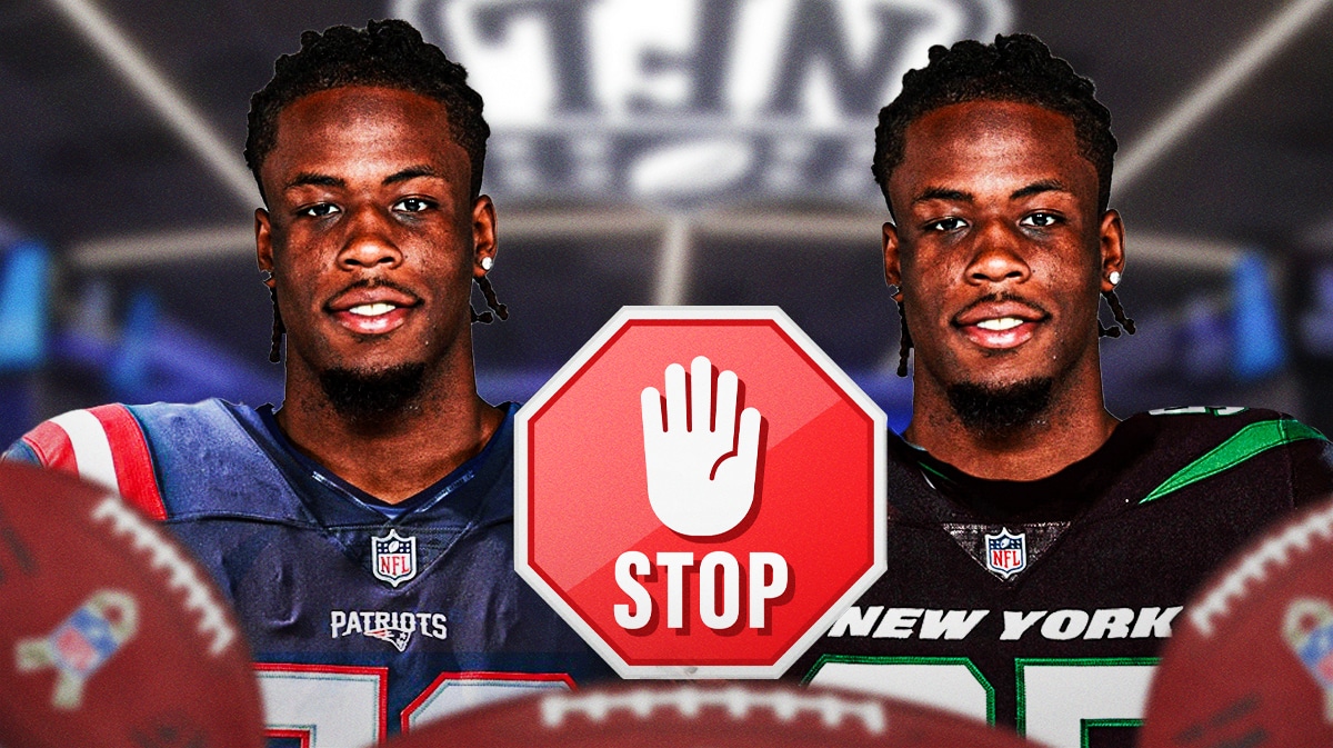 On left, Jerry Jeudy in a Patriots uniform. On right, Jerry Jeudy in a Jets uniform. In the middle, place a stop sign.