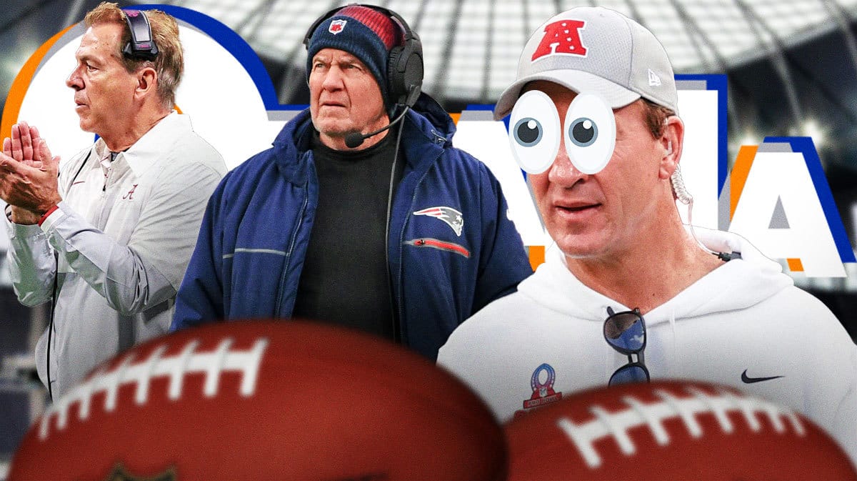 Peyton Manning with eyes in his eyes looking at Bill Belichick and Nick Saban