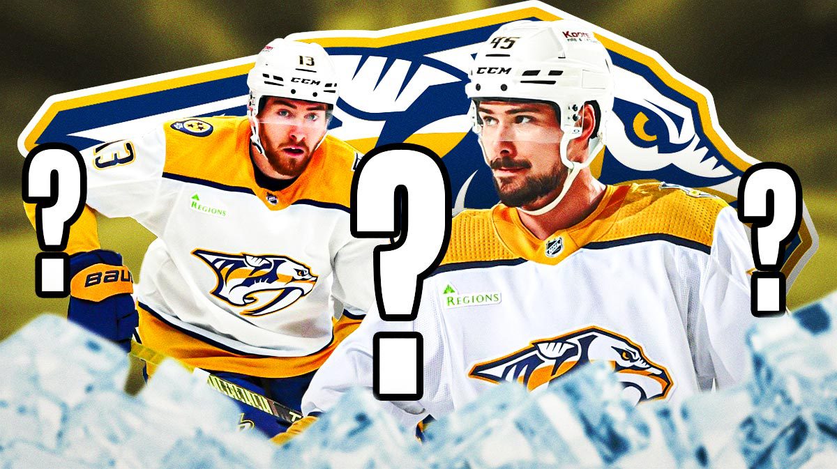 Alex Carrier and Yakov Trenin looking stern, NASH Predators logo, hockey rink in background, 3-5 question marks