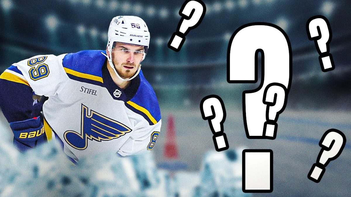 Blues' Pavel Buchnevich on left playing hockey. Question mark on right.