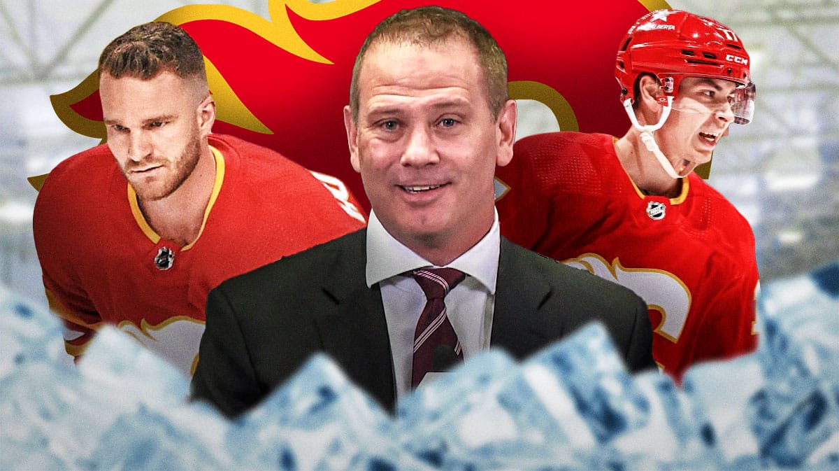 Flames GM Craig Conroy in middle looking thoughtful, Jonathan Huberdeau and Yegor Sharangovich on either side, CGY Flames logo, hockey rink in background