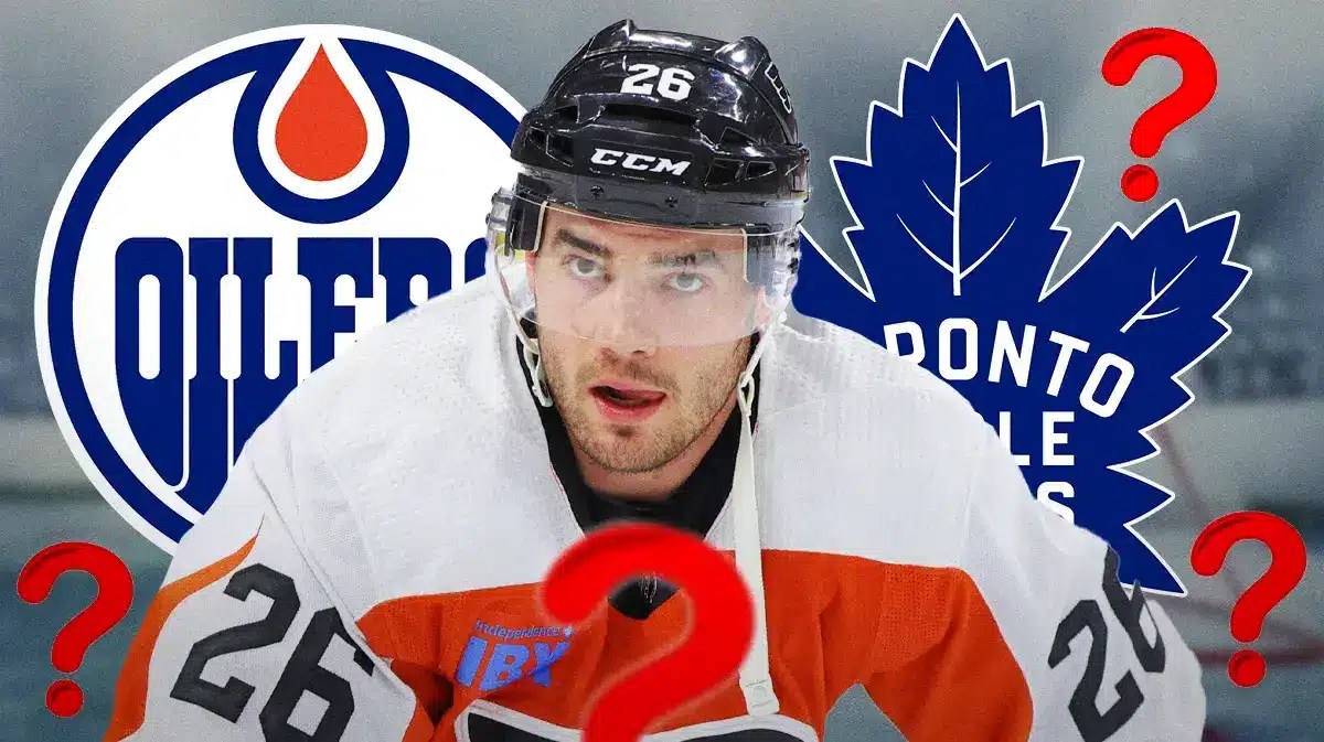 Sean Walker in middle looking stern, Oilers and Leafs logos, 3-5 question marks, hockey rink in background
