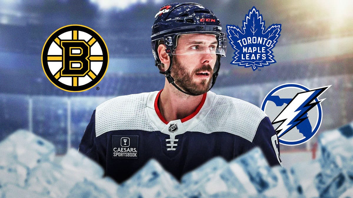 Joel Edmundson with the Boston Bruins, Toronto Maple Leafs, and Tampa Bay Lightning logos in the background