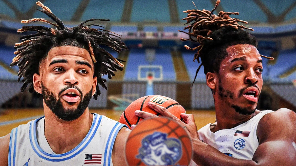 North Carolina basketball, Tar Heels, Armando Bacot, Armando Bacot North Carolina, North Carolina final four, RJ Davis and Armando Bacot with North Carolina basketball arena in the background