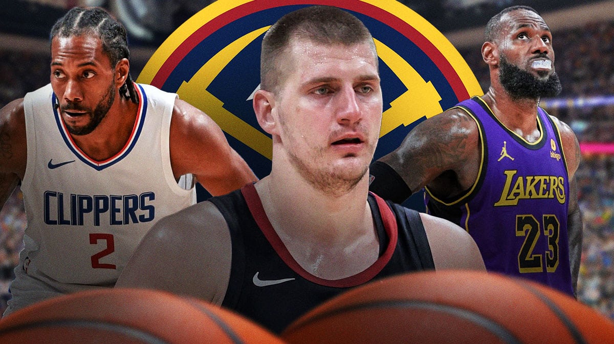 Nikola Jokic in middle, LeBron James on one side and Kawhi Leonard on other side, DEN Nuggets logo, basketball court in background