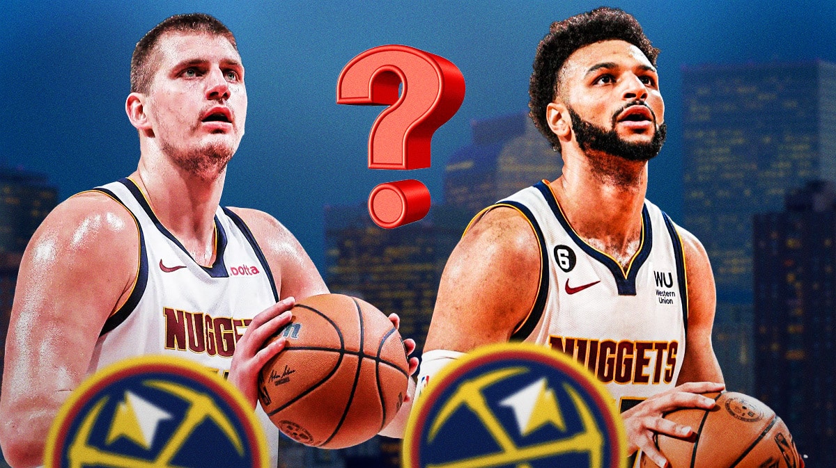 Nuggets' Nikola Jokic shooting a basketball on left, Nuggets' Jamal Murray shooting a basketball on right. Question mark in middle.