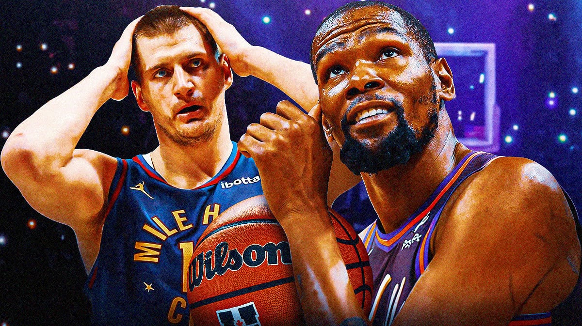 Suns Kevin Durant next to a surprised Nikola Jokic