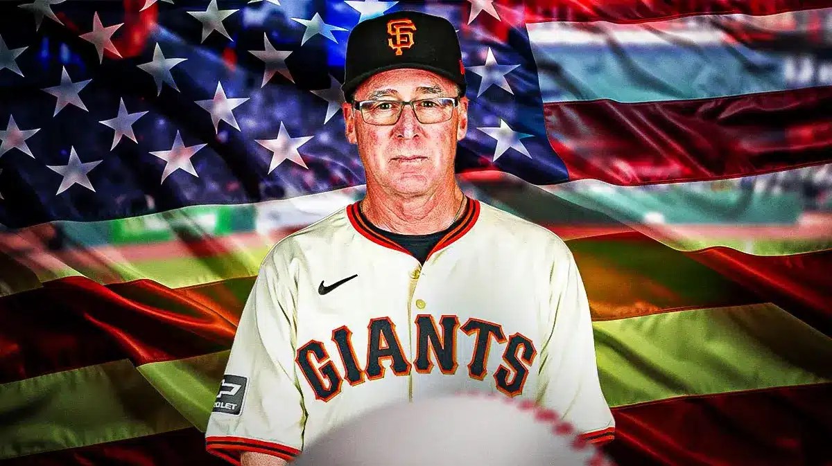 Bob Melvin in San Francisco Giants gear at Oracle Park with the USA flag in image.