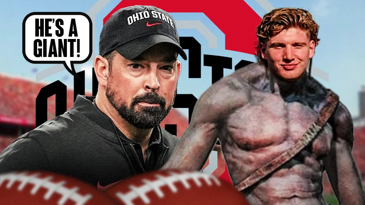 Ohio State football coach Ryan Day next to recruit, Nick McLarty