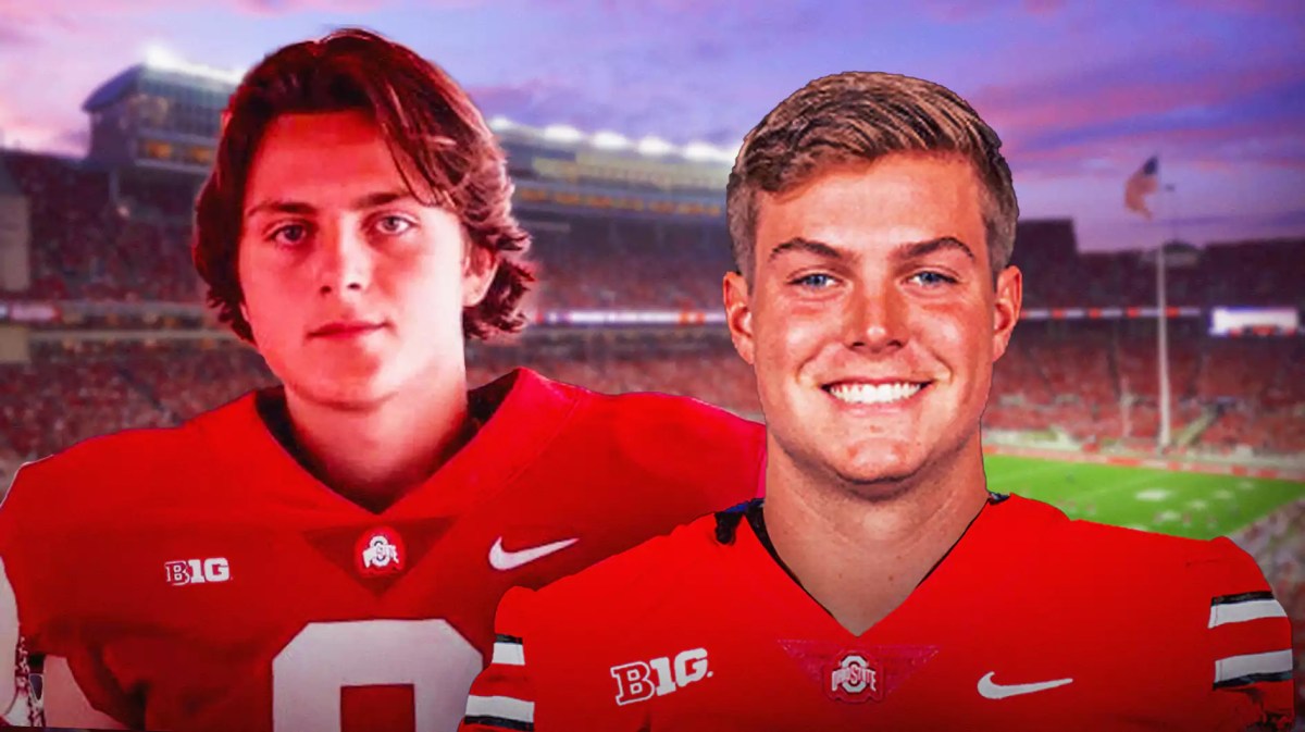 Ohio State football, Buckeyes, Ryan Day, Julian Sayin, Will Howard, Julian Sayin and Will Howard in Ohio State unis with Ohio State football stadium in the background