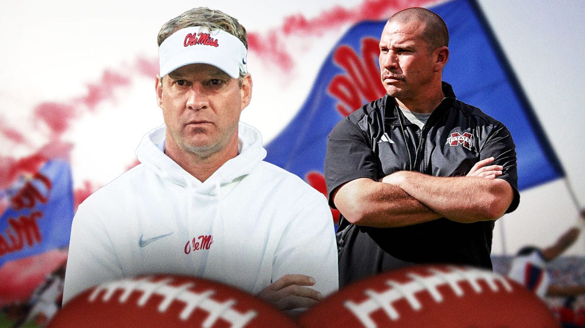 Ole Miss football, Rebels, Lane Kiffin, Zach Arnett, Zach Arnett Ole Miss, Lane Kiffin and Zach Arnett with Ole Miss football stadium in the background