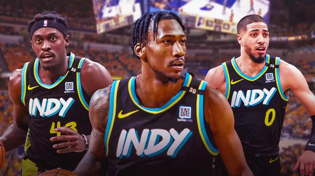Tyrese Haliburton and Pascal Siakam alongside Quenton Jackson with the Pacers arena in the background, have Jackson in a Pacers jersey