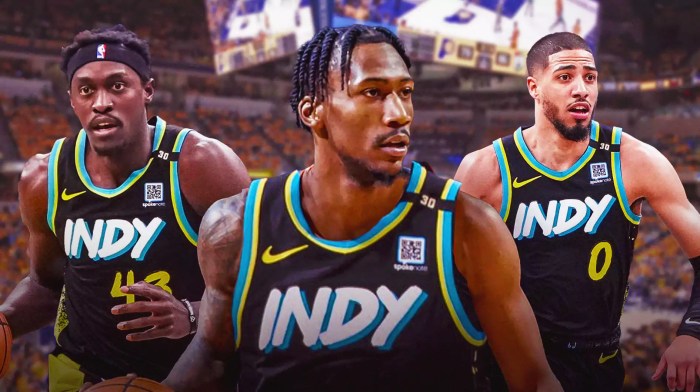Tyrese Haliburton and Pascal Siakam alongside Quenton Jackson with the Pacers arena in the background, have Jackson in a Pacers jersey