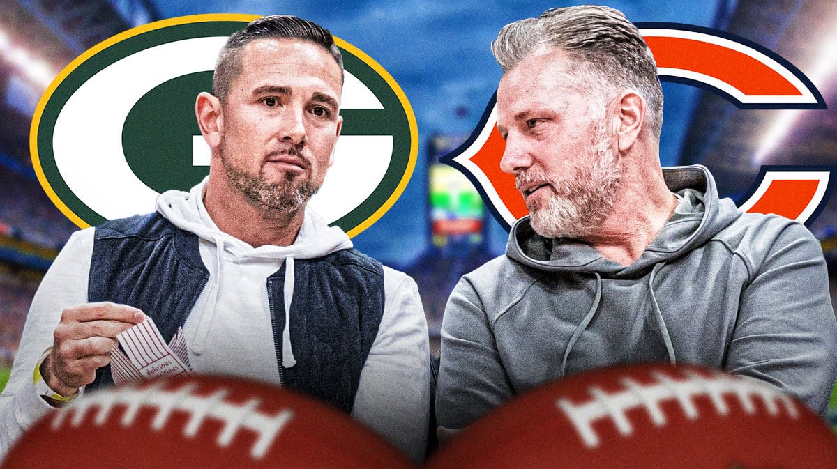 Matt LaFleur next to Matt Eberflus, Packers logo and Bears logo on either side