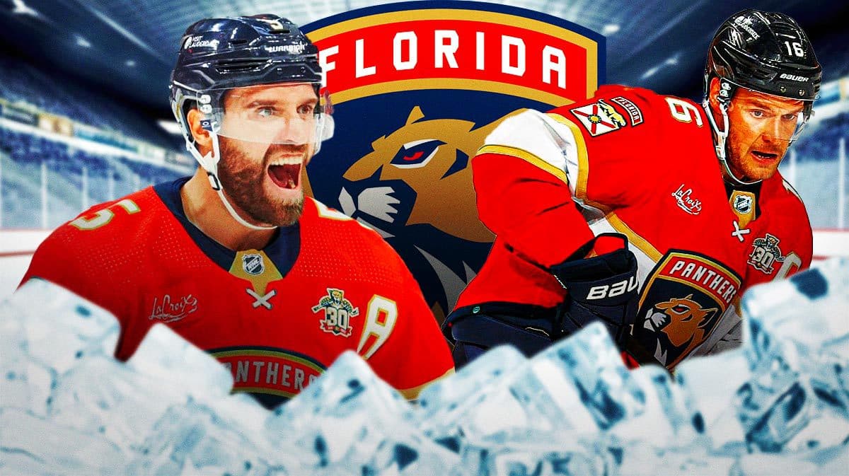 Sasha Barkov and Aaron Ekblad looking hopeful, FLA Panthers logo, hockey rink in background