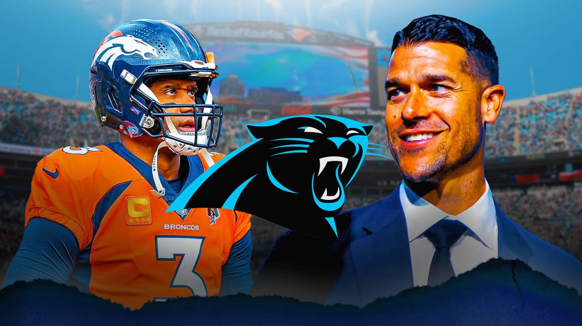 Panthers' Dave Canales stands next to Russell Wilson before free agency, Bryce Young watches from background