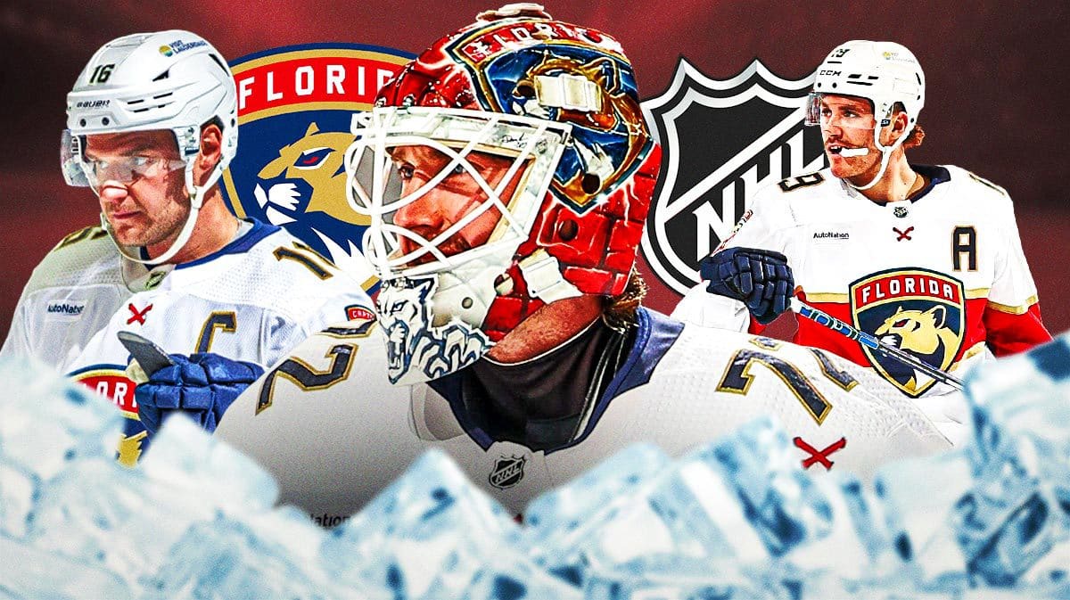 Matthew Tkachuk, Sasha Barkov and Sergei Bobrovsky (middle) all in image, FLA Panthers logo, NHL logo, hockey rink in background