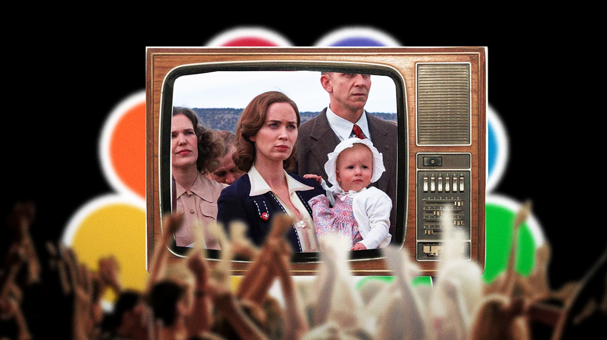 Oppenheimer playing on a TV with the NBCU Peacock logo in the background