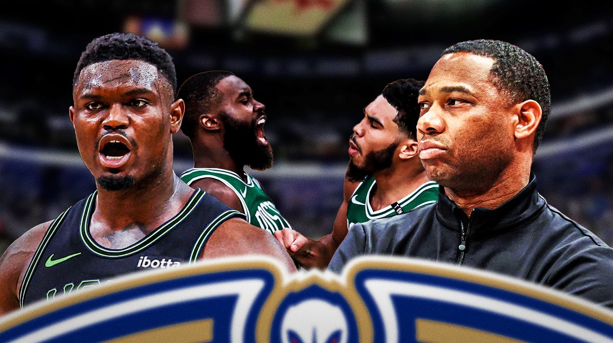 Pelicans' Zion Williamson and Willie Green with Celtics' Jaylen Brown and Jayson Tatum