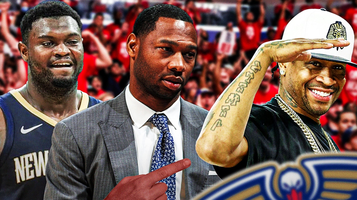 Pelicans' Zion Williamson beside Willie Green, who is pointing at 76ers legend Allen Iverson.